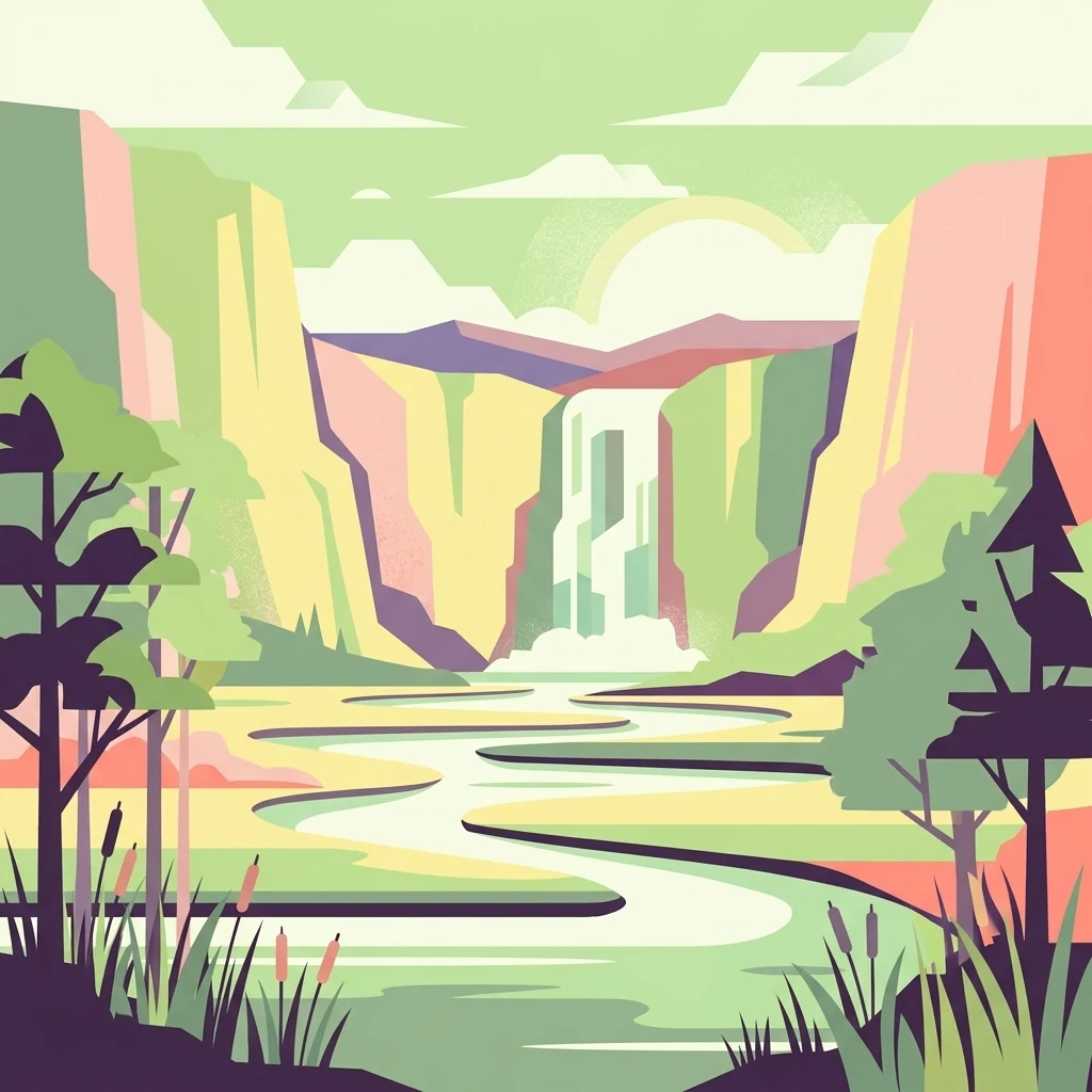 A flat, minimalist digital illustration showing a winding river flowing through a canyon towards a central waterfall, framed by stylized trees and cattails.