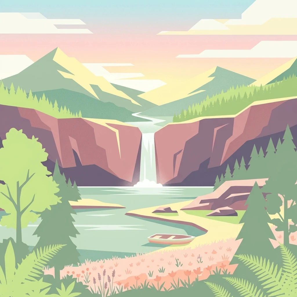 A flat-style digital illustration depicting a mountain valley with a central waterfall, a calm lake in the foreground, coniferous forests on the slopes, and a small boat at the water's edge, all rendered in a soft, pastel color palette.