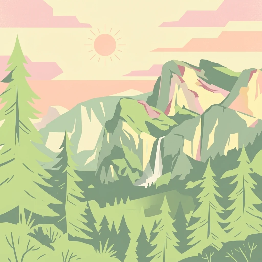 Ilustración estilizada de un paisaje montañoso con pinos, una cascada y un sol en el cielo