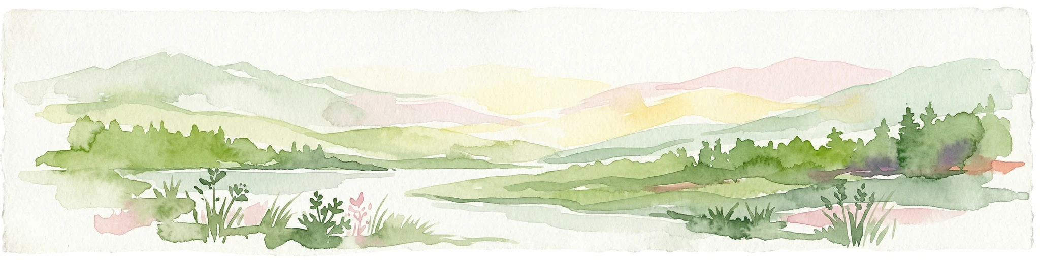 Watercolor painting of a valley landscape with a river, hills, trees, and a sky with sunrise colors