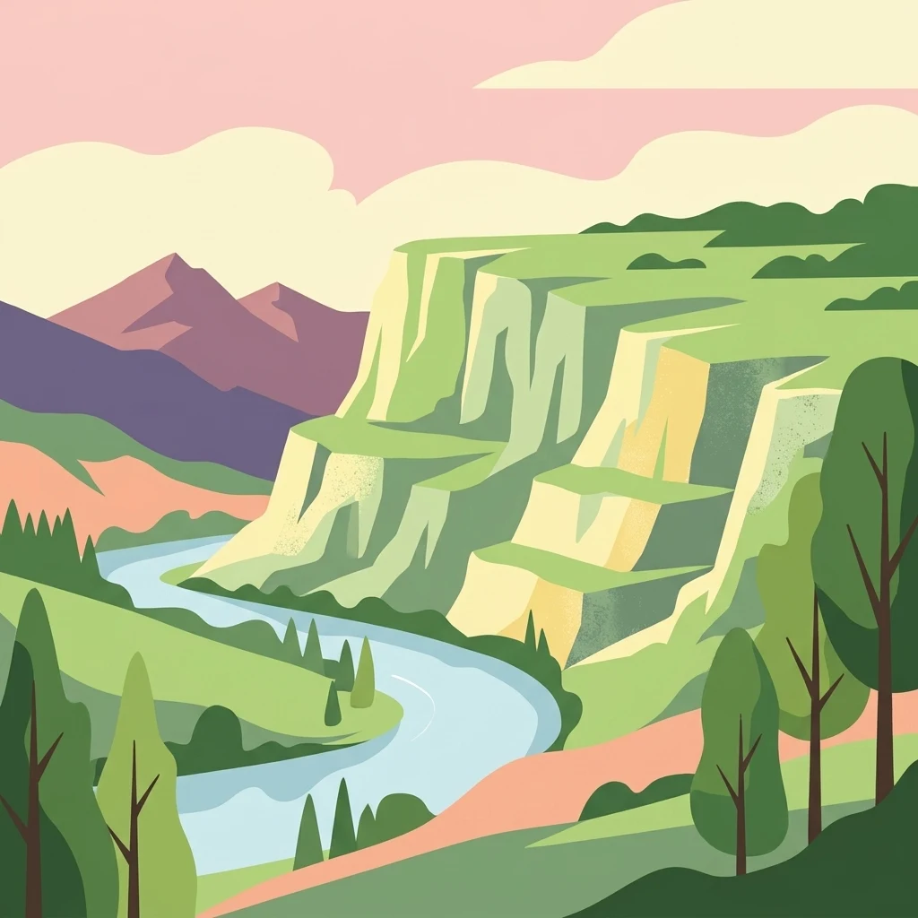 A flat-style vector illustration showing a river winding through a valley with steep, terraced cliffs and green trees under a soft, pastel-colored sky.