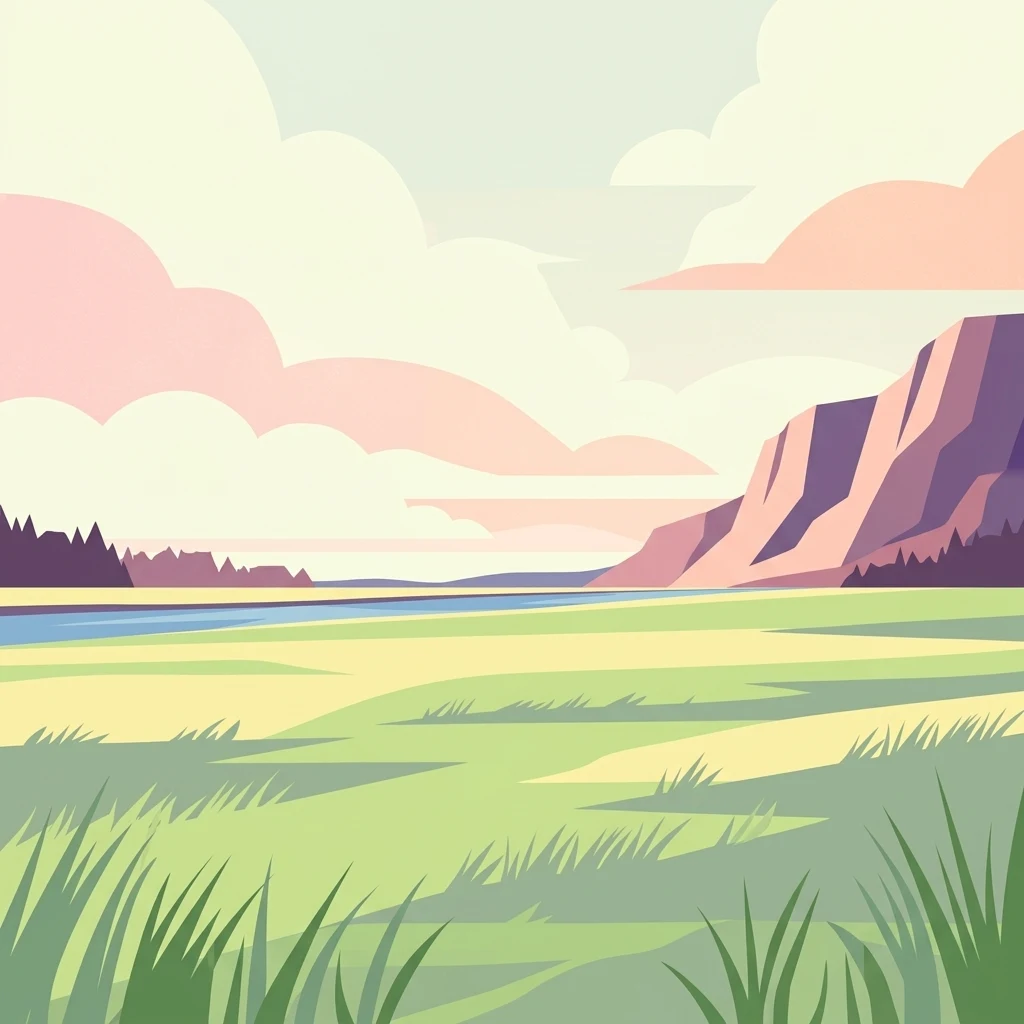 Una ilustración digital de diseño plano que muestra una marisma herbácea verde en primer plano con un río, un acantilado y un cielo nublado de tonos suaves al fondo.