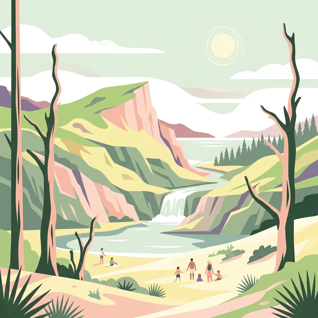 Ilustración de un paisaje montañoso con acantilados, una cascada, árboles y personas caminando por un sendero.