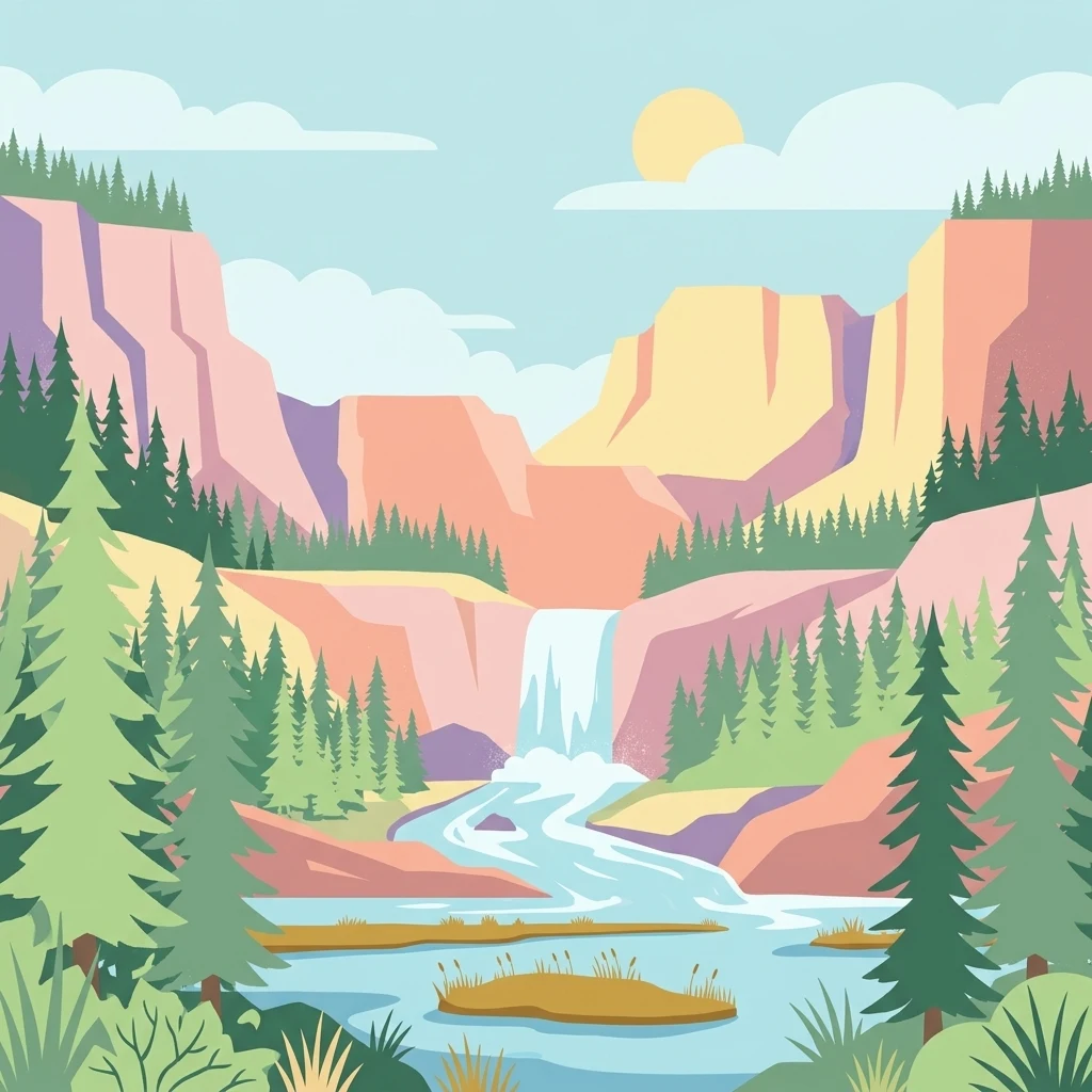 A flat-style digital illustration showing a waterfall flowing into a river surrounded by forested cliffs and rocky terrain under a pale blue sky.