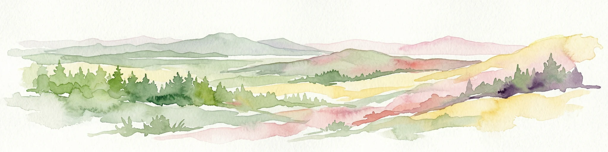 Ilustración de acuarela que representa colinas onduladas, bosques verdes y montañas distantes bajo un cielo pálido