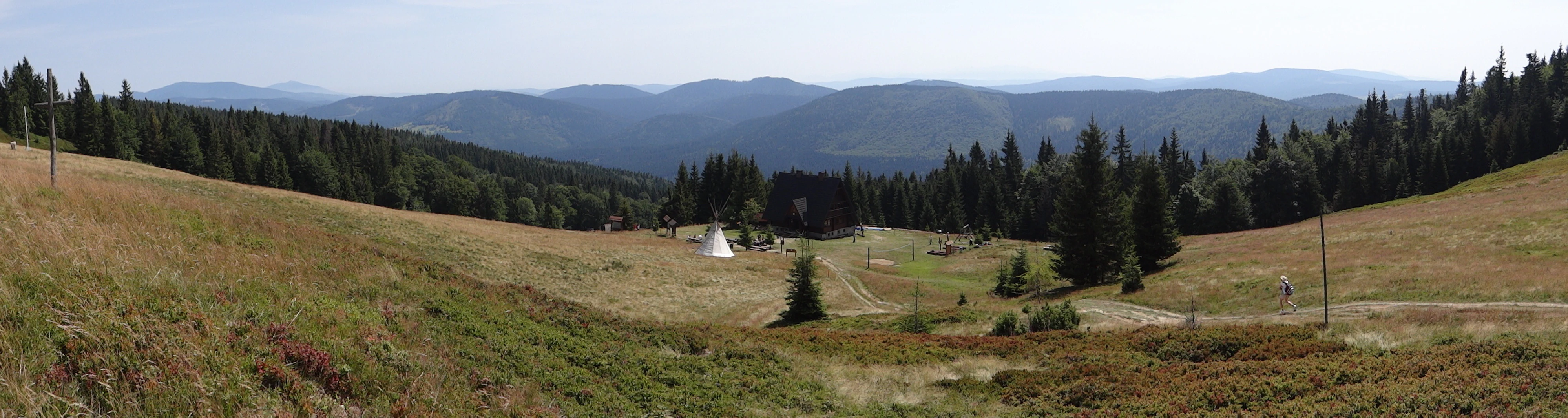 A wide panoramic landscape view of a grassy alpine pasture, Hala Rycerzowa, with coniferous forests and rolling mountain ridges in the background under a pale sky.