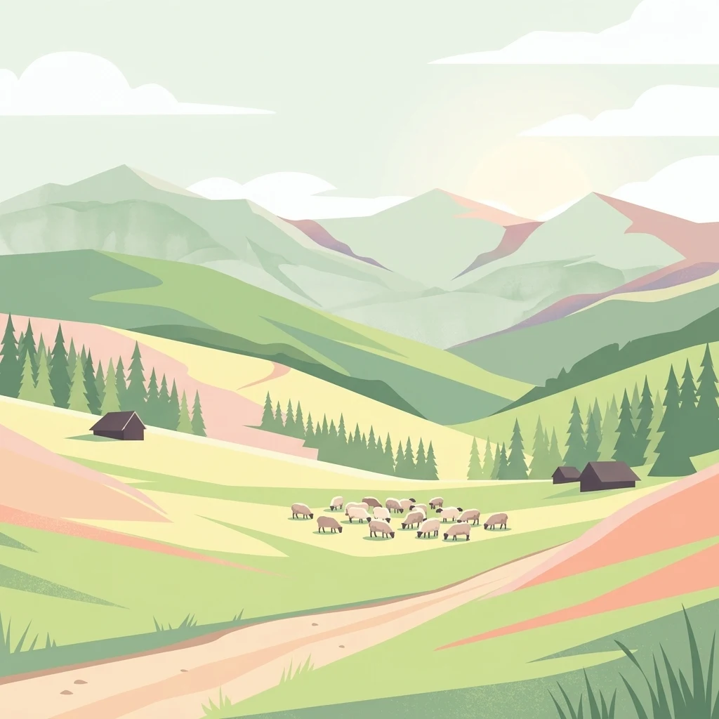 A flat-style digital illustration showing a mountainous landscape with grassy hills, patches of pine forest, small dark cabins, and a flock of white sheep grazing in the valley.